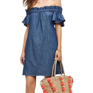 Anthropologie CoreyLynnCalter Chambray Denim Off Shoulder Ruffle Mini Dress